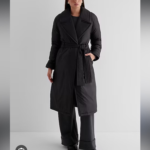 Women's Black Belted Puffer Trench Coat - Picture 3 of 5